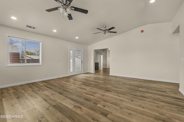 9835 Pioneer Valley Rd, Flagstaff, AZ 86004 - spare room featuring lofted ceiling, ceiling fan, wood finished floors, recessed lighting, and baseboards