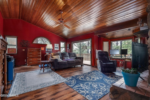 living room with a ceiling fan, wood ceiling, lofted ceiling, and wood finished floors