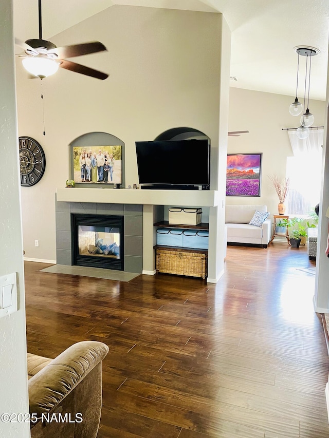 11677 W Cove Crest Dr, Bellemont, AZ 86015 - living area featuring a ceiling fan, hardwood / wood-style floors, and a fireplace