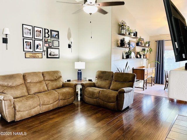 11677 W Cove Crest Dr, Bellemont, AZ 86015 - living room with ceiling fan, wood finished floors, and high vaulted ceiling