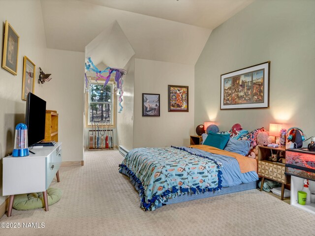 284 E Foothill Trl, Williams, AZ 86046 - bedroom featuring baseboards, light carpet, vaulted ceiling, and a baseboard heating unit