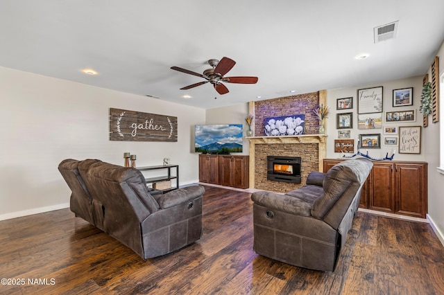 3425 W Mountain Dr, Flagstaff, AZ 86001 - living area with a ceiling fan, a large fireplace, wood finished floors, and recessed lighting