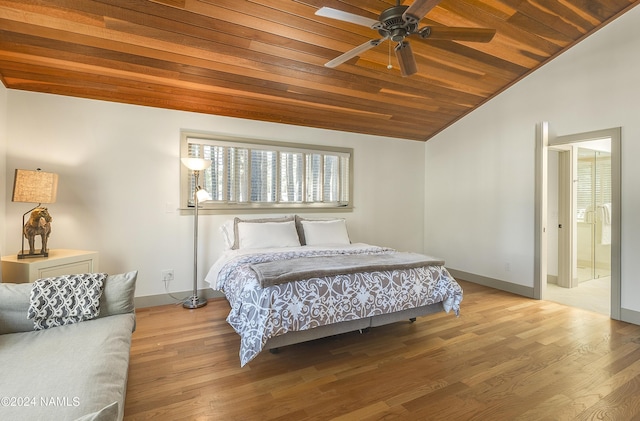 bedroom featuring hardwood / wood-style floors, vaulted ceiling, ceiling fan, and wood ceiling