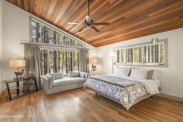 bedroom with wood ceiling, ceiling fan, hardwood / wood-style floors, and vaulted ceiling