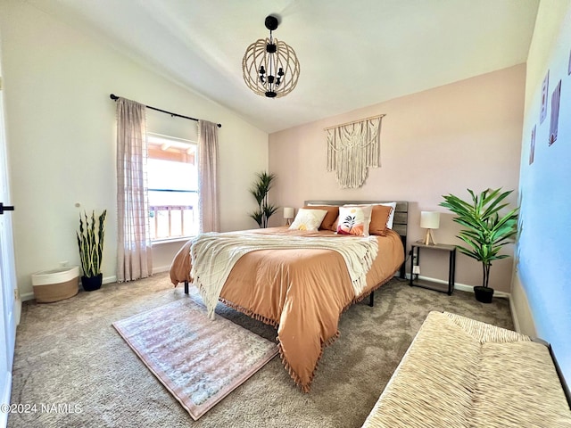 carpeted bedroom featuring baseboards, vaulted ceiling, and a chandelier