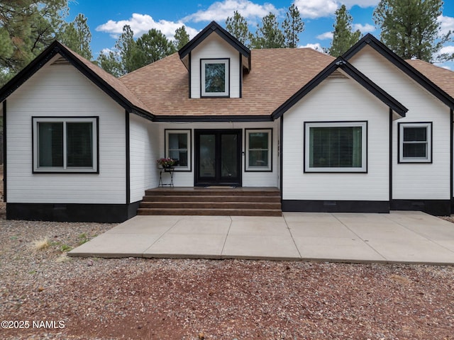 389 N Laramy Ln, Parks, AZ 86018 - view of front of property featuring crawl space, french doors, and a shingled roof