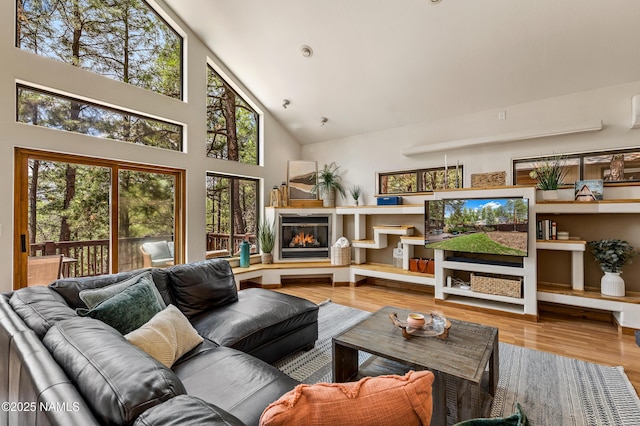 living room featuring high vaulted ceiling, a glass covered fireplace, and wood finished floors