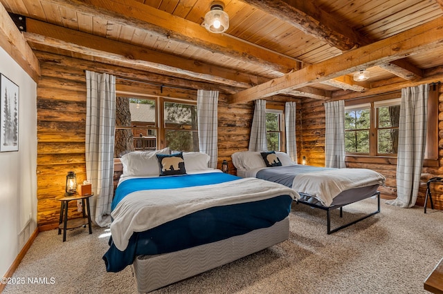 2856 Chaco Trl, Flagstaff, AZ 86005 - bedroom with baseboards, log walls, beam ceiling, and wooden ceiling