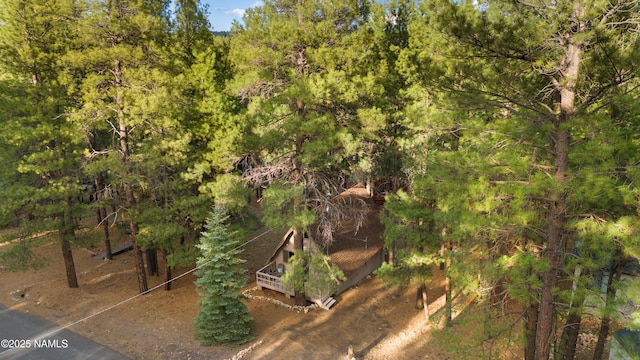 drone / aerial view featuring a view of trees