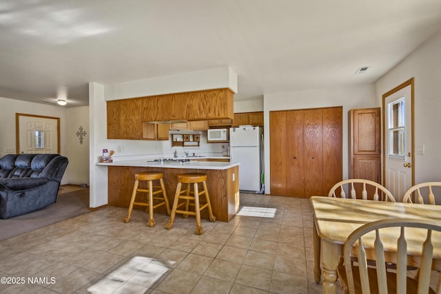 11280 N Zady Ln, Flagstaff, AZ 86004 - kitchen featuring a peninsula, white appliances, open floor plan, and brown cabinets