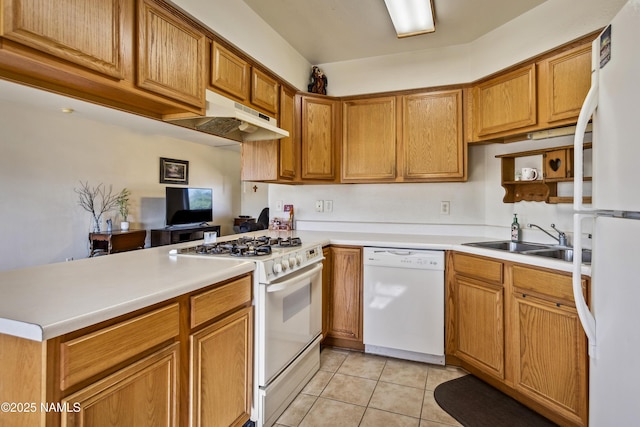 11280 N Zady Ln, Flagstaff, AZ 86004 - kitchen with a peninsula, a sink, white appliances, light countertops, and under cabinet range hood