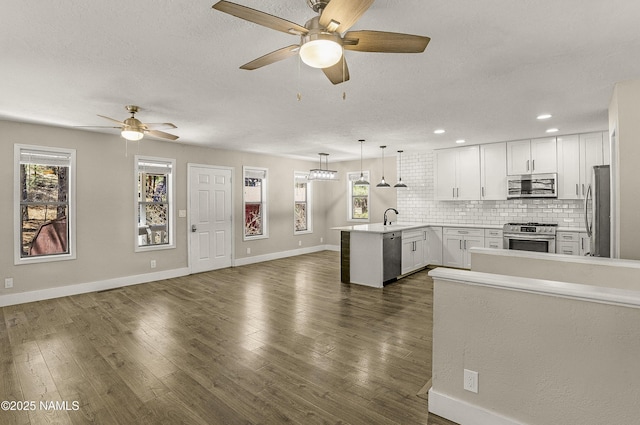4573 Canyon Loop, Flagstaff, AZ 86005 - kitchen featuring appliances with stainless steel finishes, a peninsula, open floor plan, a ceiling fan, and a textured ceiling
