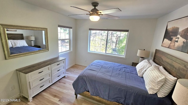 bedroom featuring ceiling fan and light hardwood / wood-style floors