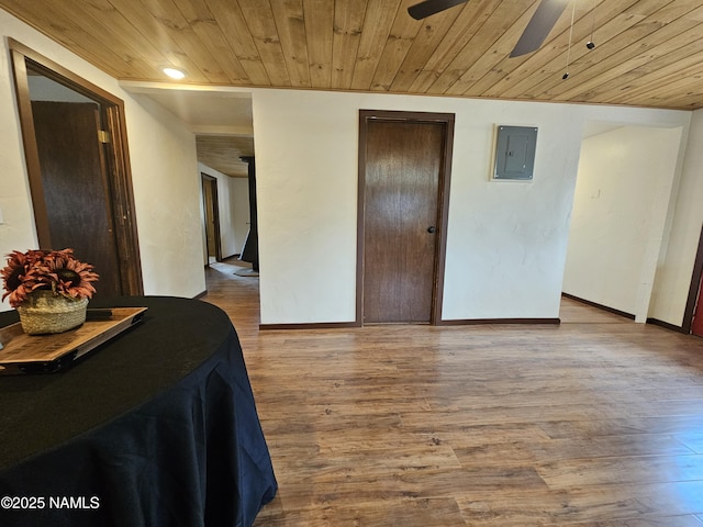 588 W Mesa Dr, Williams, AZ 86046 - bedroom with wood ceiling, electric panel, wood finished floors, baseboards, and ceiling fan