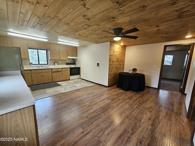 588 W Mesa Dr, Williams, AZ 86046 - kitchen with electric range, freestanding refrigerator, light countertops, wooden ceiling, and hardwood / wood-style floors