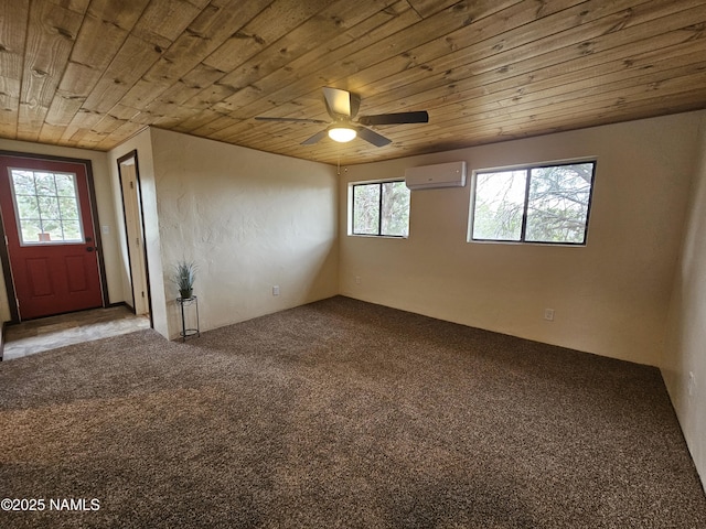 588 W Mesa Dr, Williams, AZ 86046 - unfurnished room with a wall unit AC, wood ceiling, a ceiling fan, and carpet