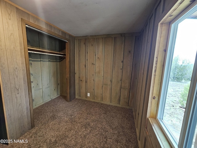 588 W Mesa Dr, Williams, AZ 86046 - unfurnished bedroom with wood walls, carpet flooring, and a closet
