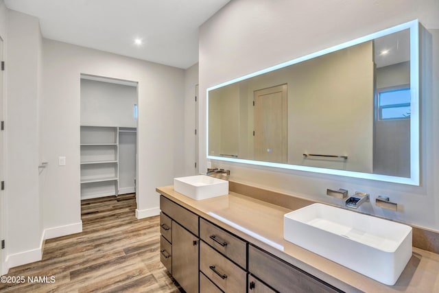bathroom with a spacious closet, wood finished floors, double vanity, and a sink
