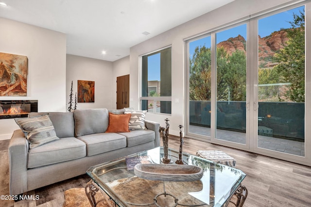living room featuring recessed lighting, wood finished floors, and a glass covered fireplace