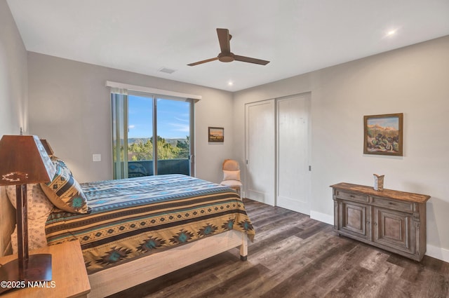 bedroom with a ceiling fan, baseboards, access to exterior, and dark wood finished floors
