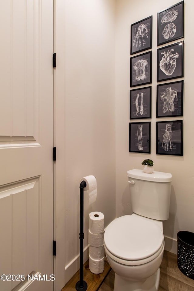 bathroom with toilet, baseboards, and wood finished floors