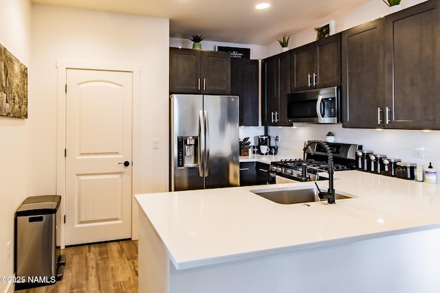 kitchen with a peninsula, dark brown cabinetry, light wood-type flooring, light countertops, and appliances with stainless steel finishes
