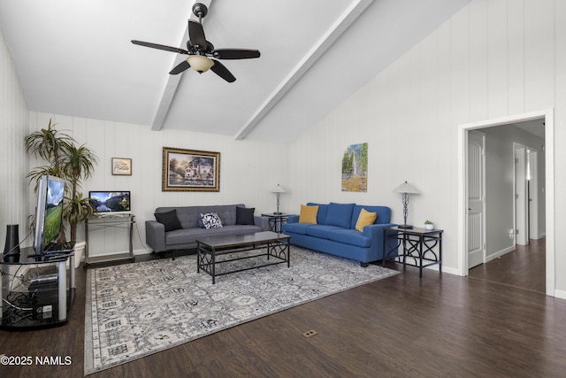 living room with a ceiling fan, beam ceiling, wood finished floors, and high vaulted ceiling