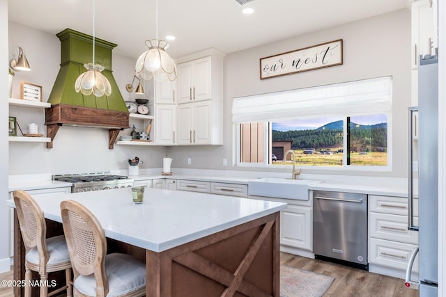 6552 Kelsey Springs Way, Flagstaff, AZ 86001 - kitchen featuring open shelves, dishwasher, a sink, premium range hood, and recessed lighting