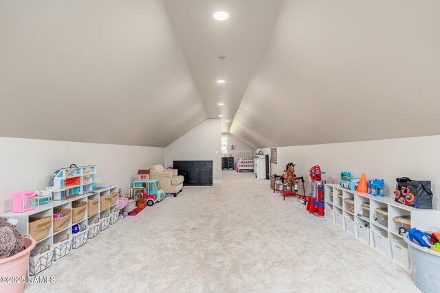 6552 Kelsey Springs Way, Flagstaff, AZ 86001 - recreation room with vaulted ceiling, carpet floors, and recessed lighting
