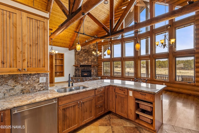 4536 Brackin Ranch Rd, Flagstaff, AZ 86001 - kitchen with dishwasher, a chandelier, wooden ceiling with exposed beams, high vaulted ceiling, and a sink