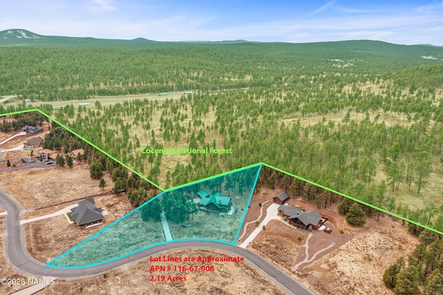 4536 Brackin Ranch Rd, Flagstaff, AZ 86001 - aerial view of property and surrounding area with a mountainous background, a forest, and property parcel outlined