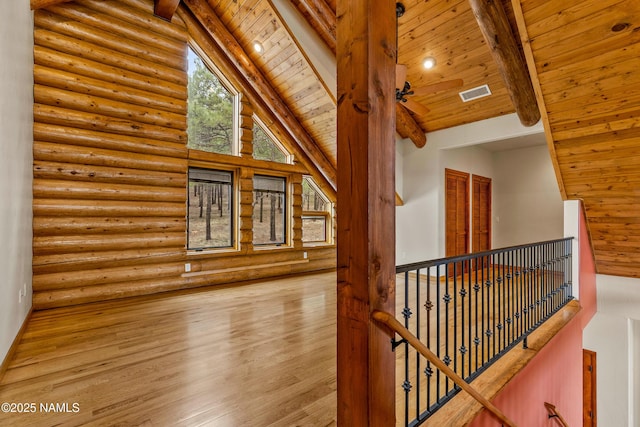 4536 Brackin Ranch Rd, Flagstaff, AZ 86001 - additional living space featuring wood finished floors, rustic walls, wooden ceiling with exposed beams, and high vaulted ceiling