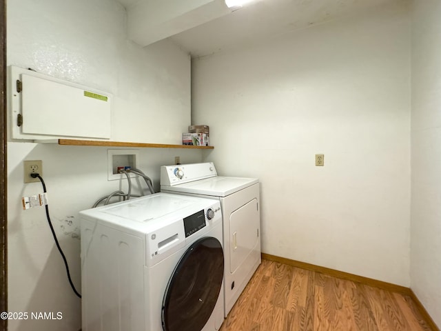 laundry room featuring washer and dryer and light wood-type flooring