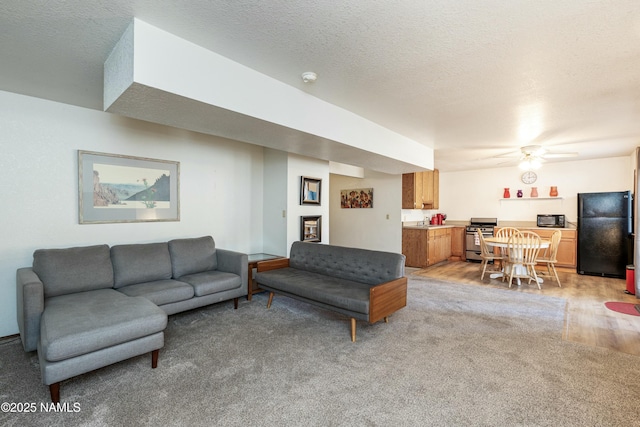 living room with ceiling fan and a textured ceiling