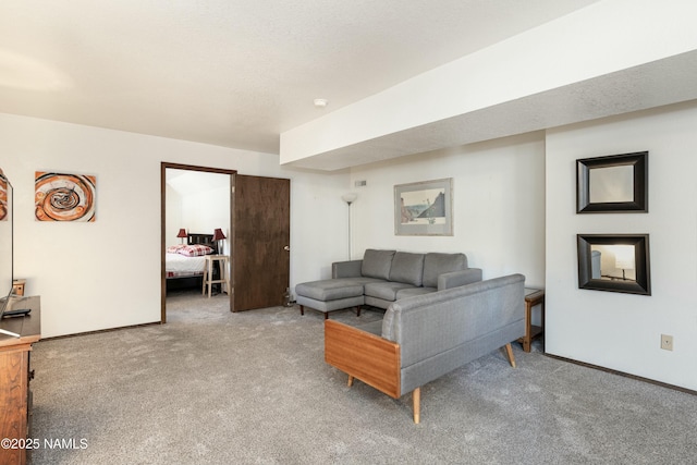 living room featuring a textured ceiling and carpet