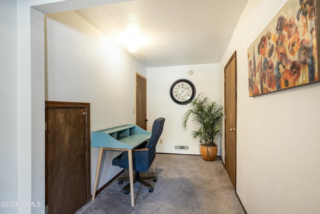 office featuring carpet flooring and a textured ceiling