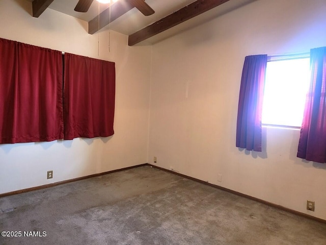 empty room featuring baseboards, beam ceiling, carpet, and ceiling fan