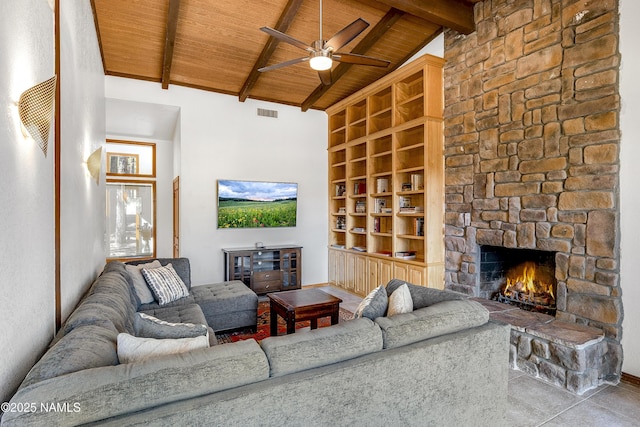 living area with built in features, a fireplace, wood ceiling, high vaulted ceiling, and beamed ceiling