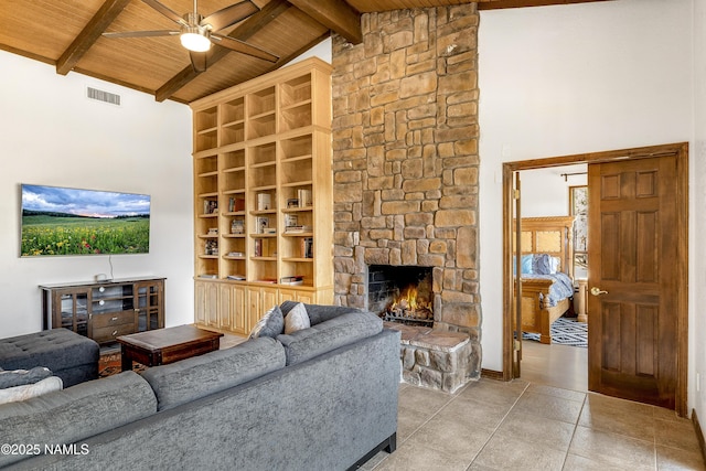 living room featuring visible vents, wood ceiling, a fireplace, high vaulted ceiling, and beam ceiling