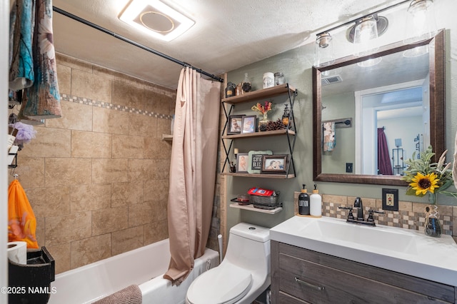 full bath featuring visible vents, toilet, shower / bath combo, tasteful backsplash, and vanity