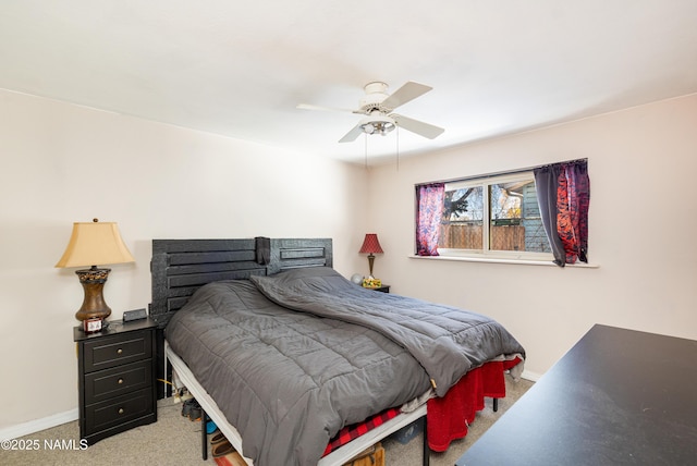 bedroom featuring carpet flooring, baseboards, and ceiling fan