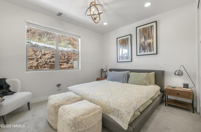 bedroom featuring baseboards, visible vents, recessed lighting, light carpet, and a chandelier