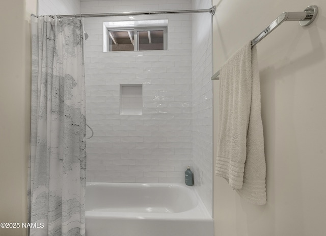 full bath featuring shower / bathtub combination with curtain