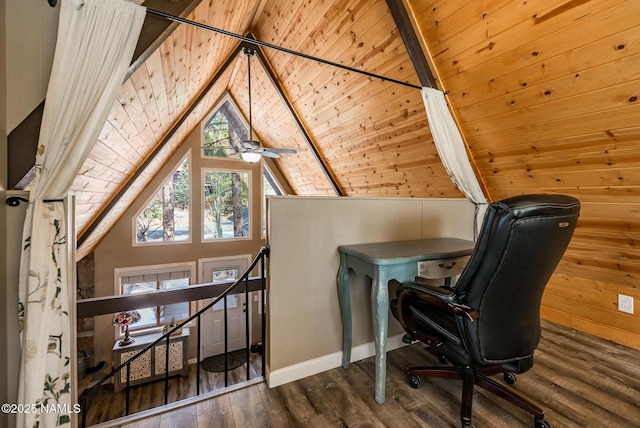 office area featuring wooden ceiling, wooden walls, vaulted ceiling with beams, and wood finished floors