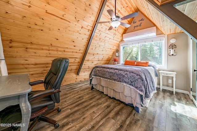 bedroom with wooden walls, wood finished floors, vaulted ceiling with beams, a wall mounted air conditioner, and wooden ceiling