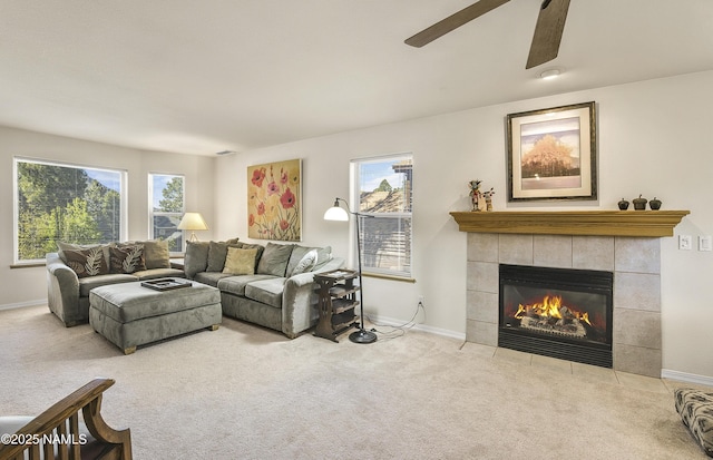2545 N Broken Circle Rd, Flagstaff, AZ 86004 - living room featuring a fireplace, carpet, healthy amount of natural light, and ceiling fan