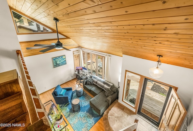 2606 N Fremont Blvd, Flagstaff, AZ 86001 - living area with wood ceiling, vaulted ceiling, ceiling fan, and wood finished floors