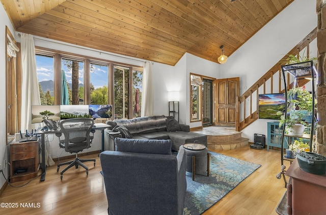 2606 N Fremont Blvd, Flagstaff, AZ 86001 - living area featuring wood ceiling, wood finished floors, an office area, high vaulted ceiling, and stairs