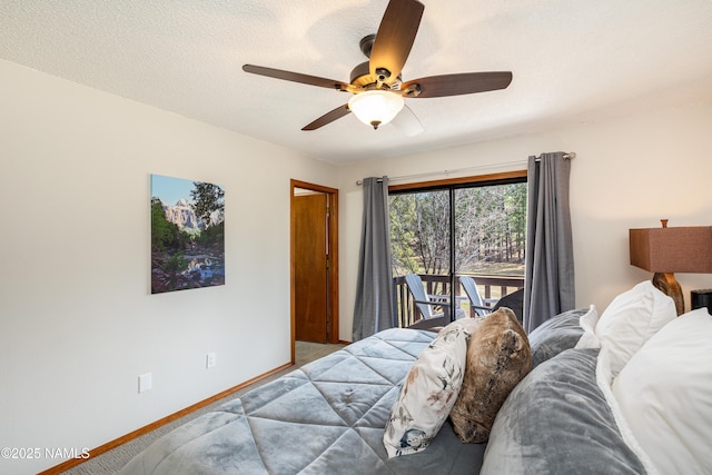 bedroom with carpet flooring, ceiling fan, access to outside, and baseboards