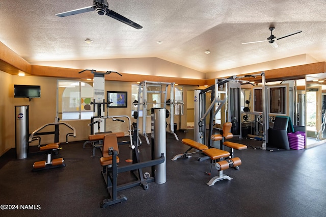 exercise room with lofted ceiling, ceiling fan, a textured ceiling, and baseboards